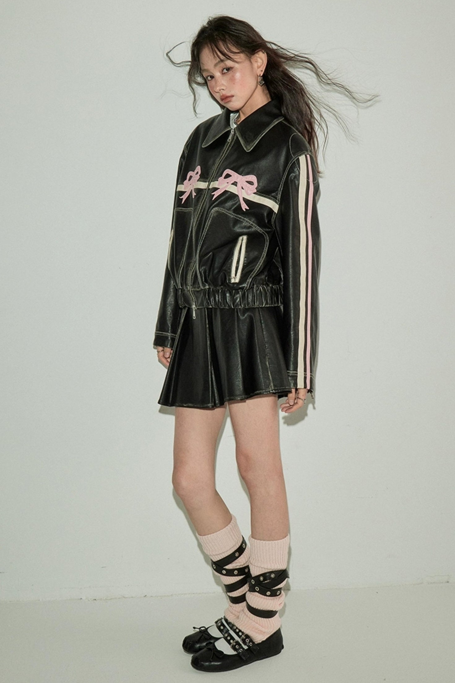 DIDDI MODA Sweet Rebel Bow Vintage Distressed Pu Jacket