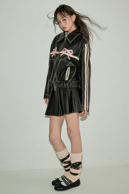 DIDDI MODA Sweet Rebel Bow Vintage Distressed Pu Jacket