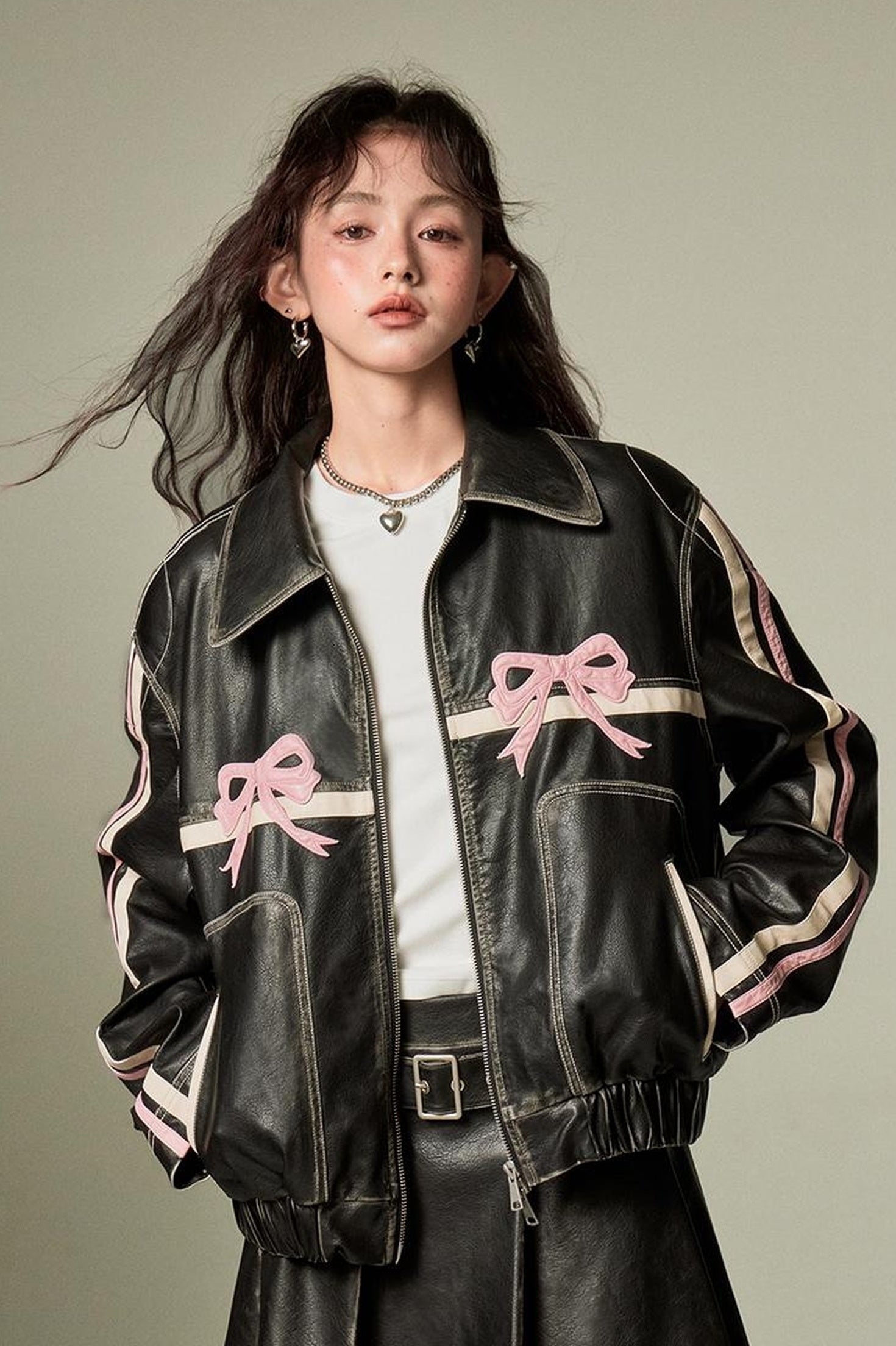 DIDDI MODA Sweet Rebel Bow Vintage Distressed Pu Jacket