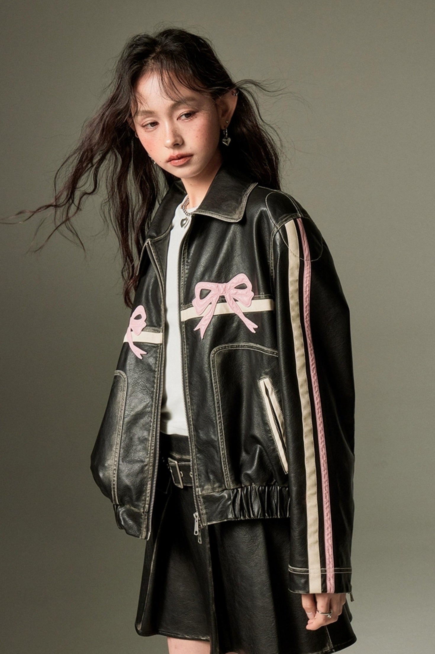 DIDDI MODA Sweet Rebel Bow Vintage Distressed Pu Jacket