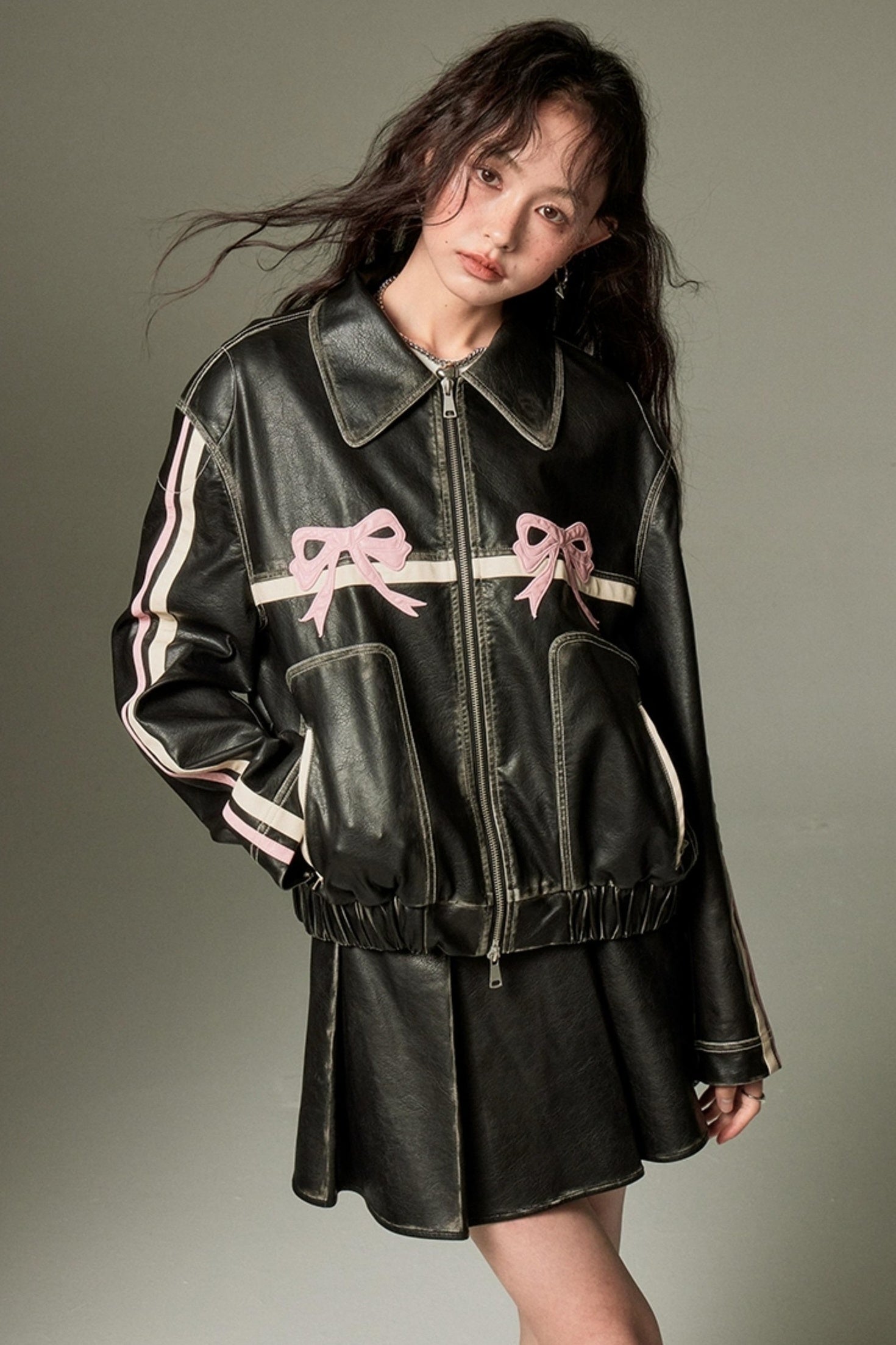 DIDDI MODA Sweet Rebel Bow Vintage Distressed Pu Jacket