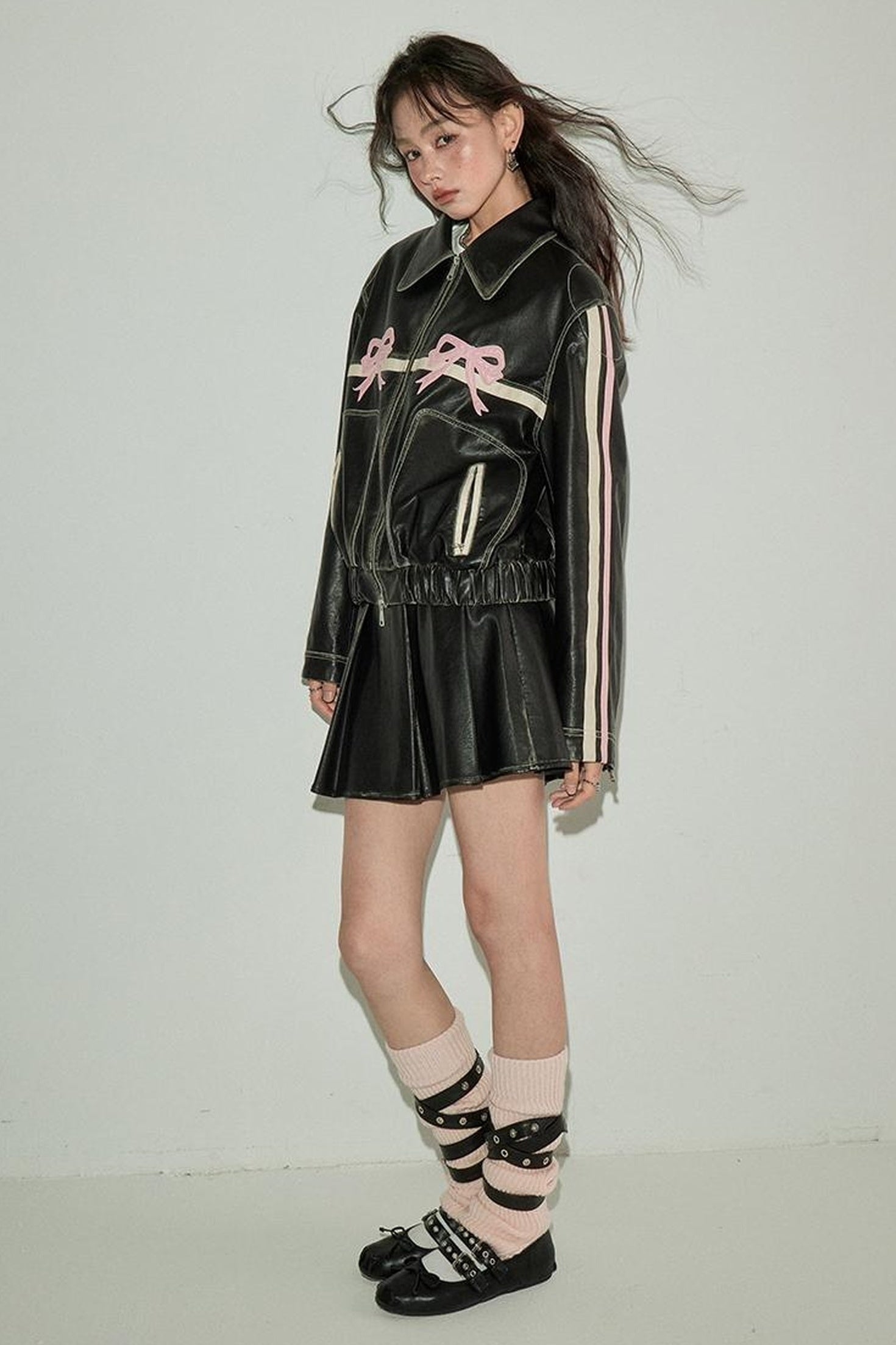 DIDDI MODA Sweet Rebel Bow Vintage Distressed Pu Jacket