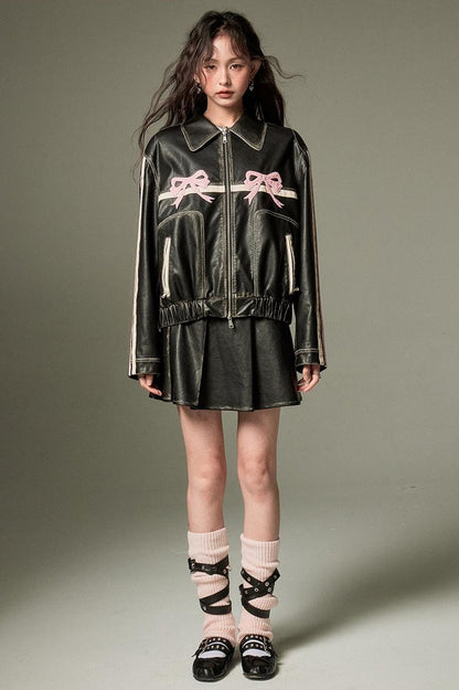 DIDDI MODA Sweet Rebel Bow Vintage Distressed Pu Jacket