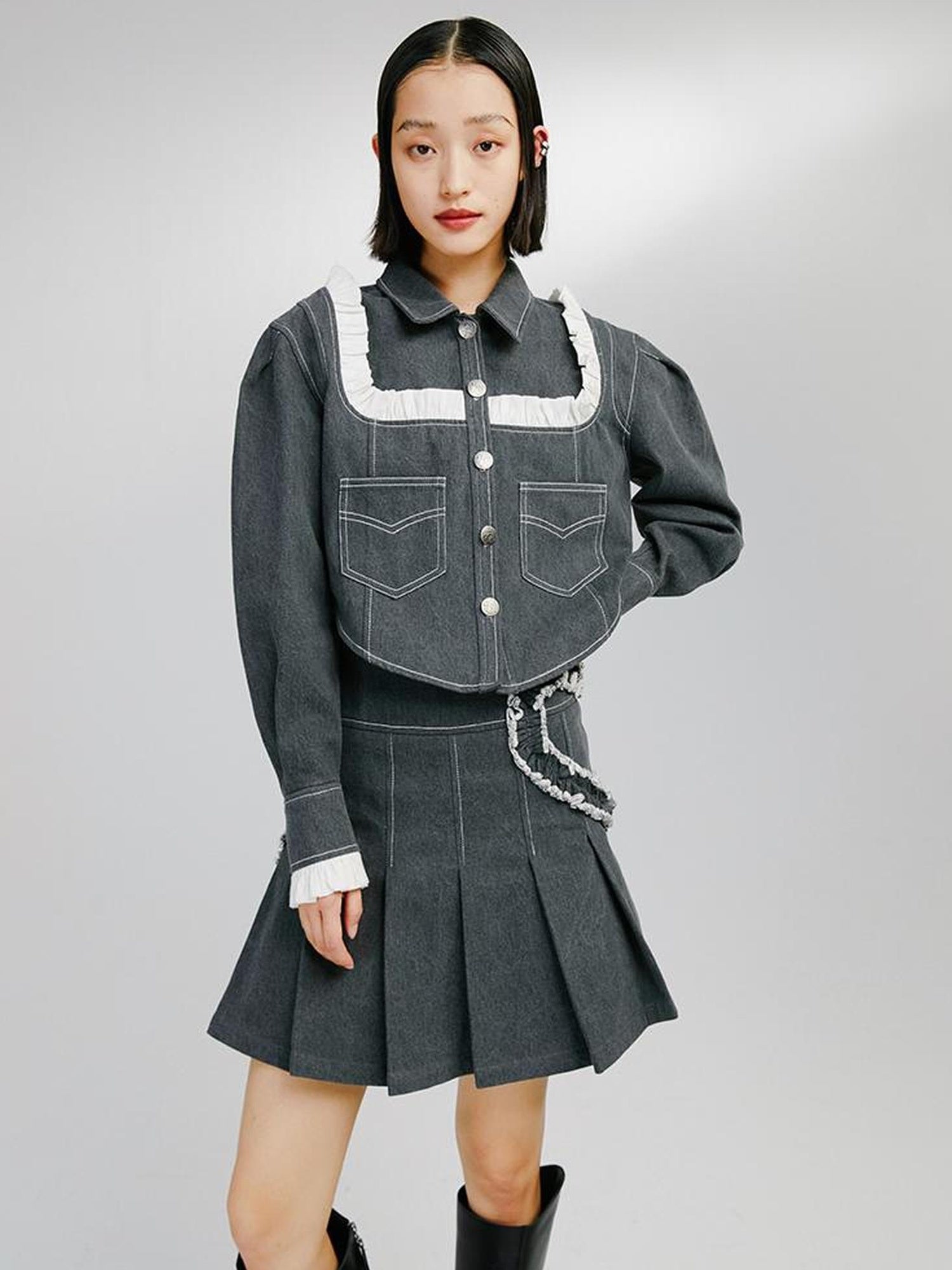 DIDDI MODA Sweet Ruffled Crop Jacket Denim Skirt Set
