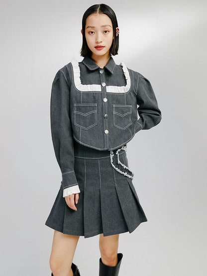 DIDDI MODA Sweet Ruffled Crop Jacket Denim Skirt Set