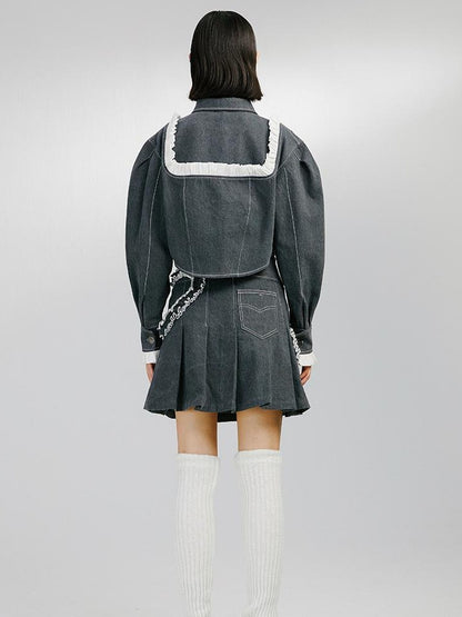 DIDDI MODA Sweet Ruffled Crop Jacket Denim Skirt Set