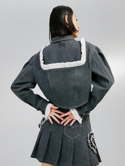 DIDDI MODA Sweet Ruffled Crop Jacket Denim Skirt Set