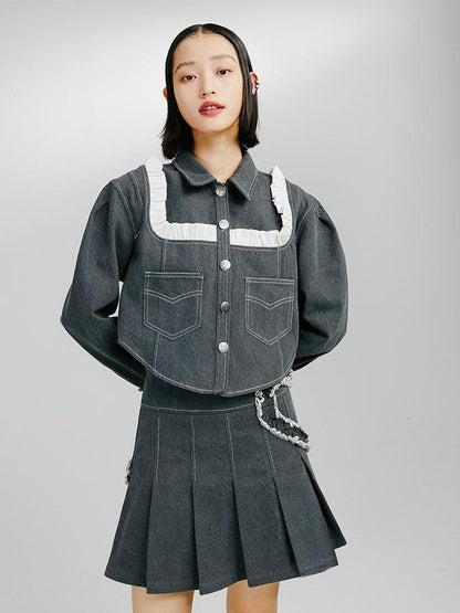 DIDDI MODA Sweet Ruffled Crop Jacket Denim Skirt Set