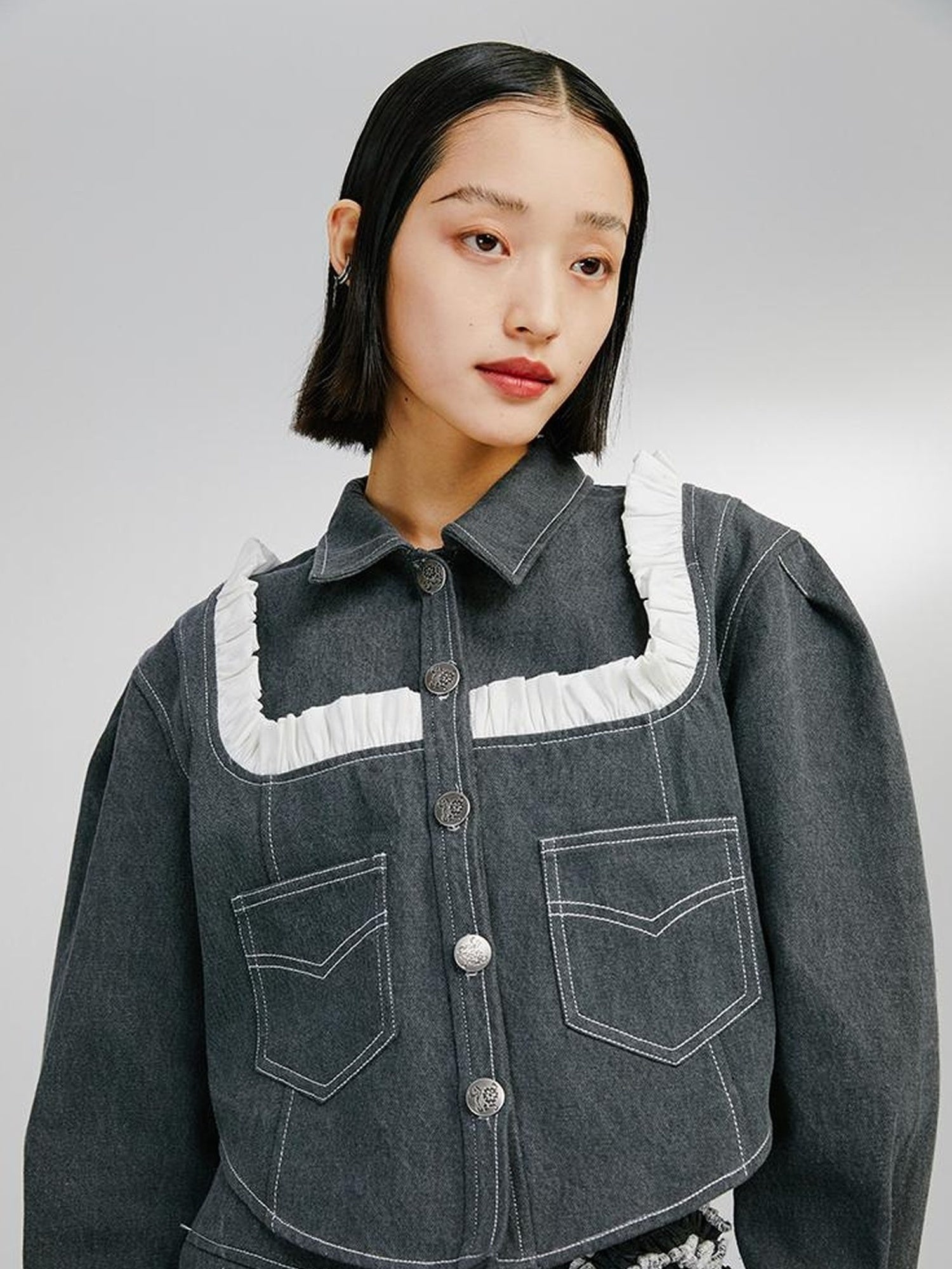DIDDI MODA Sweet Ruffled Crop Jacket Denim Skirt Set