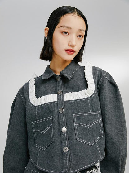 DIDDI MODA Sweet Ruffled Crop Jacket Denim Skirt Set