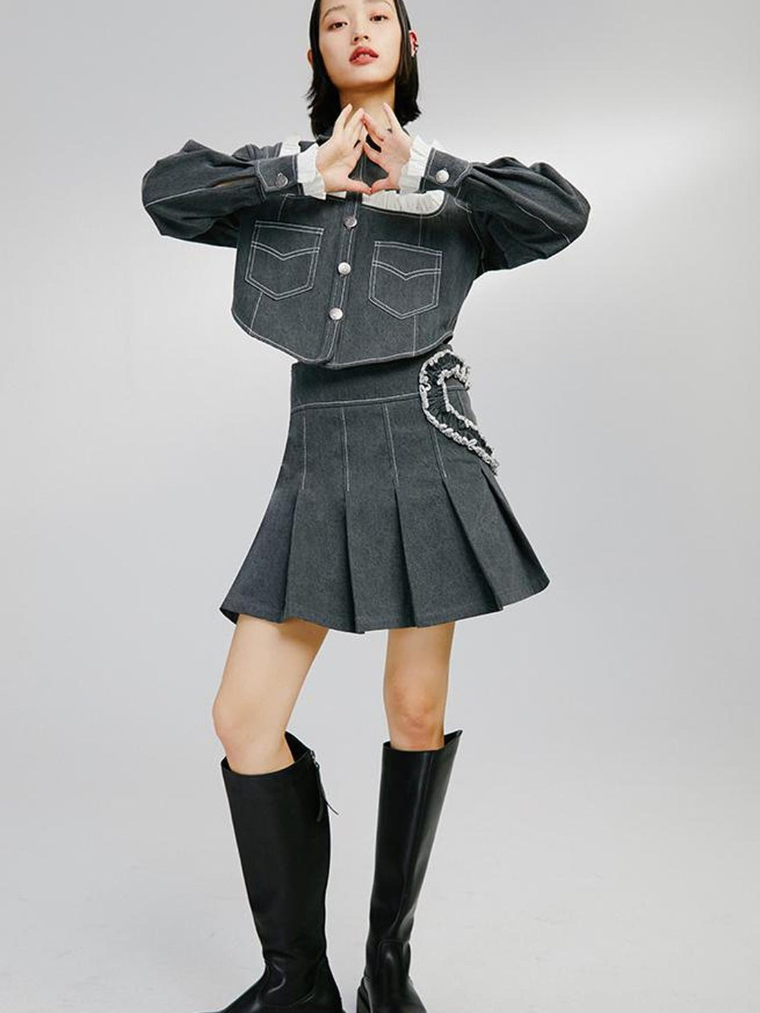 DIDDI MODA Sweet Ruffled Crop Jacket Denim Skirt Set
