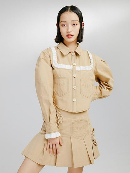 DIDDI MODA Sweet Ruffled Crop Jacket Denim Skirt Set