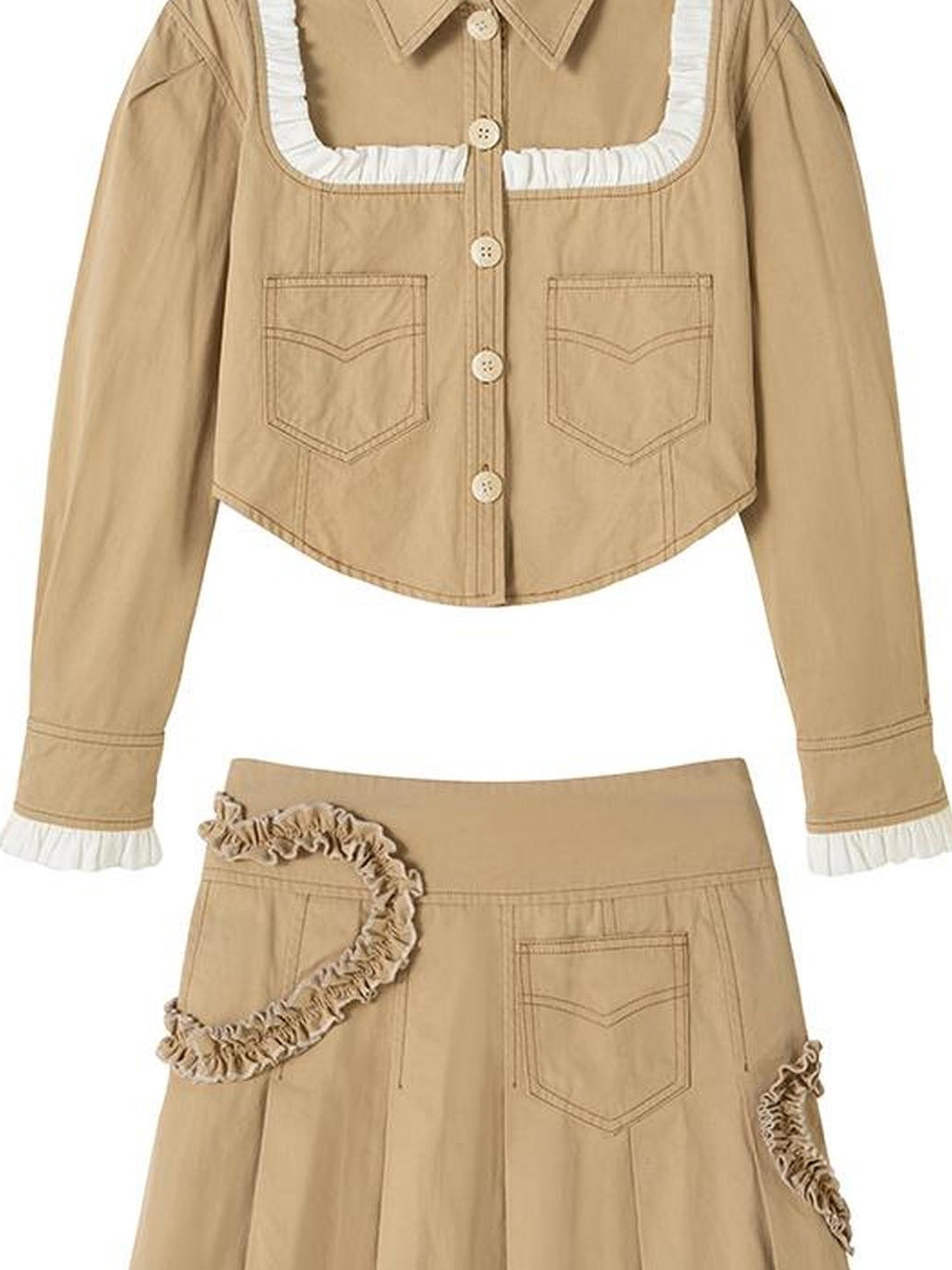 DIDDI MODA Sweet Ruffled Crop Jacket Denim Skirt Set