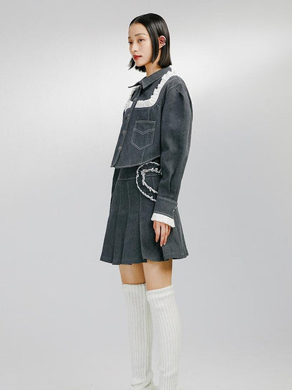 DIDDI MODA Sweet Ruffled Crop Jacket Denim Skirt Set