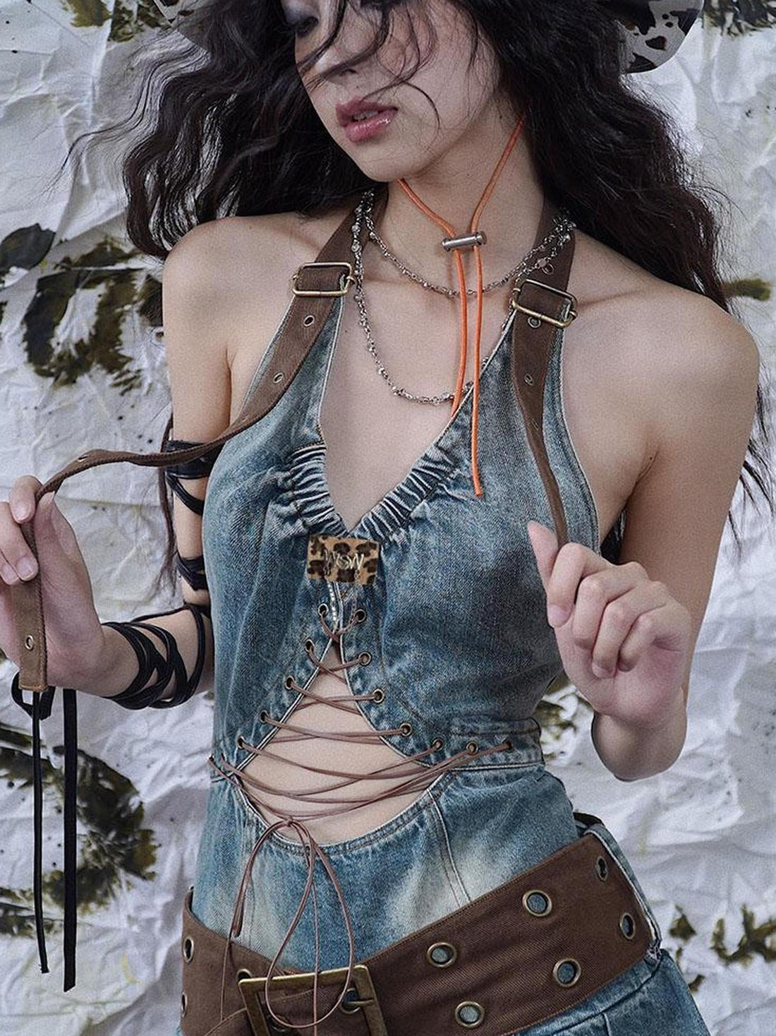 WSW WUSHENWU Sweet Spicy Cutout Denim Dress