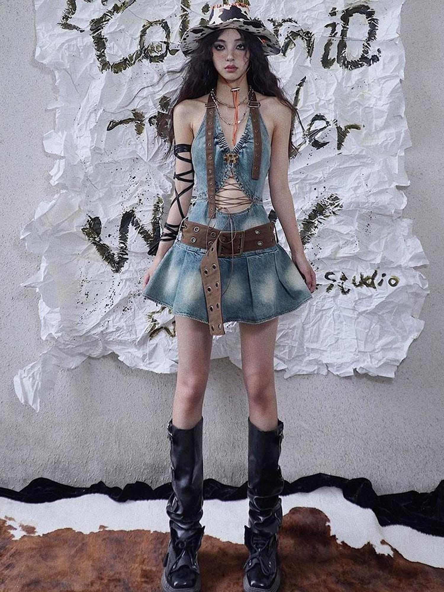 WSW WUSHENWU Sweet Spicy Cutout Denim Dress