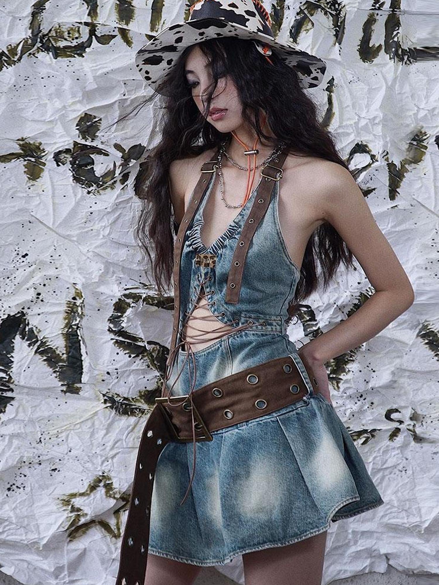WSW WUSHENWU Sweet Spicy Cutout Denim Dress
