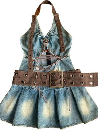 WSW WUSHENWU Sweet Spicy Cutout Denim Dress
