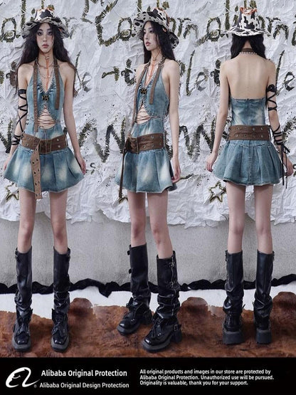 WSW WUSHENWU Sweet Spicy Cutout Denim Dress