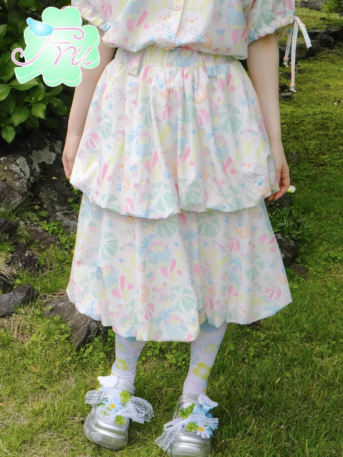 Frufru Gulu Sweet Summer Cotton Candy Print A Line Skirt With Elastic Waist