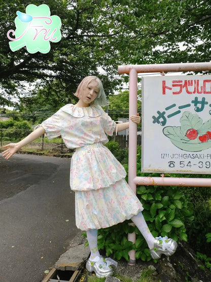 Sweet Summer Cotton Candy Print A Line Skirt With Elastic Waist