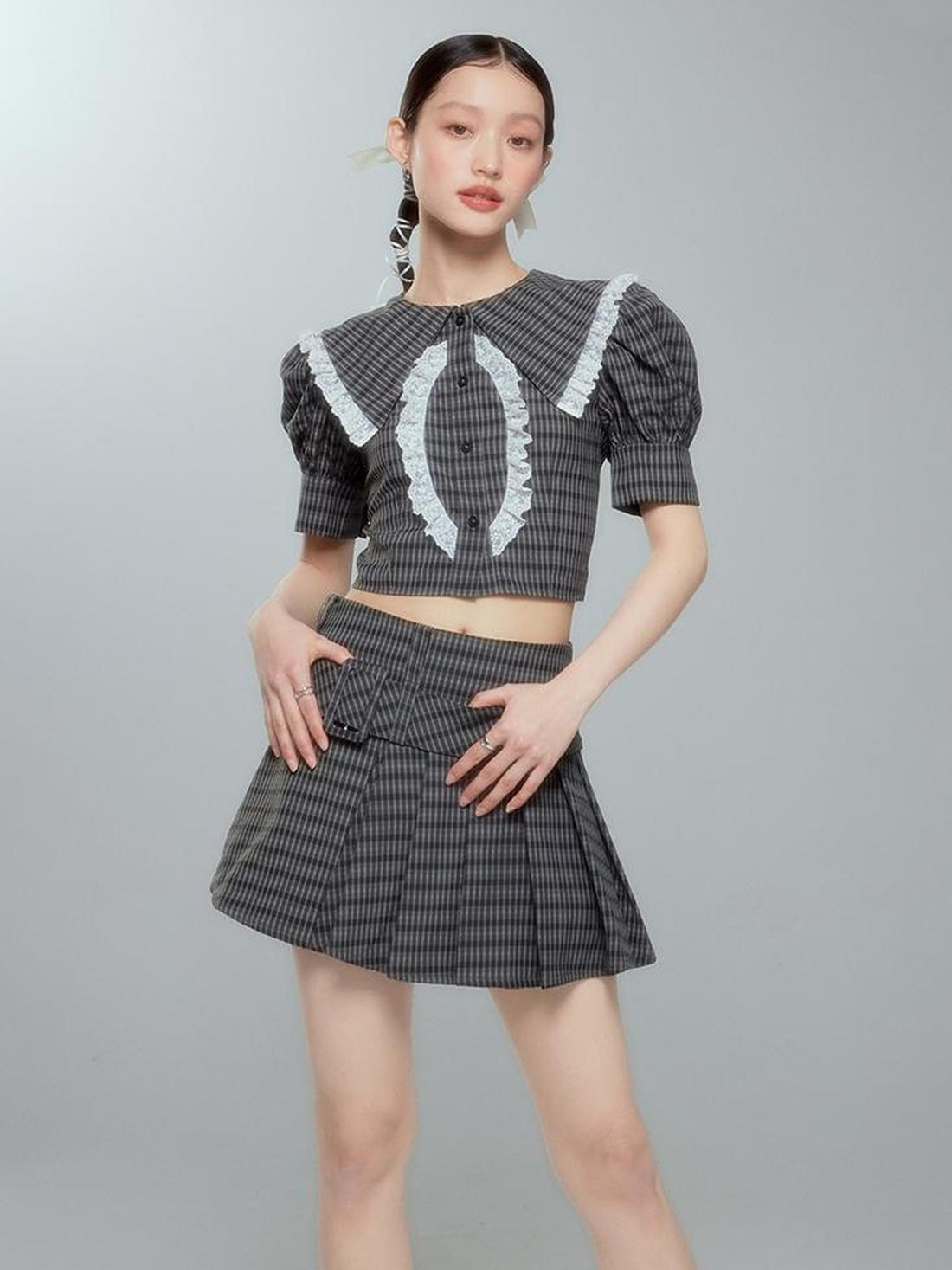 DIDDI MODA Sweet Tart Plaid Set Puff Sleeve Top Pleated Skirt