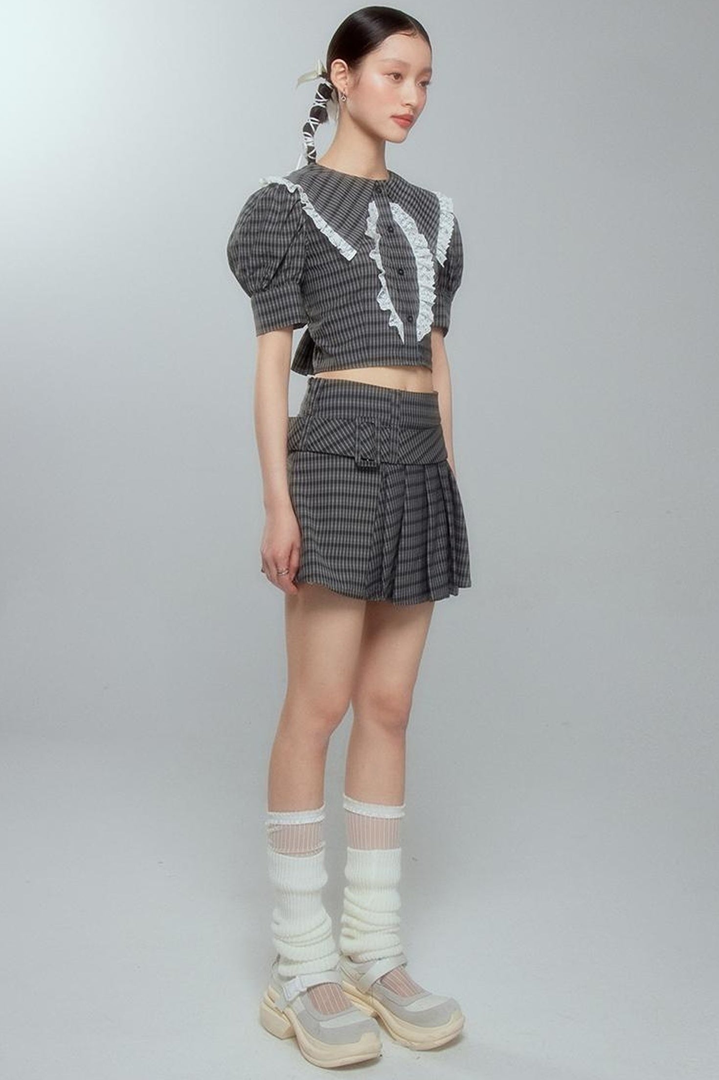 DIDDI MODA Sweet Tart Plaid Set Puff Sleeve Top Pleated Skirt