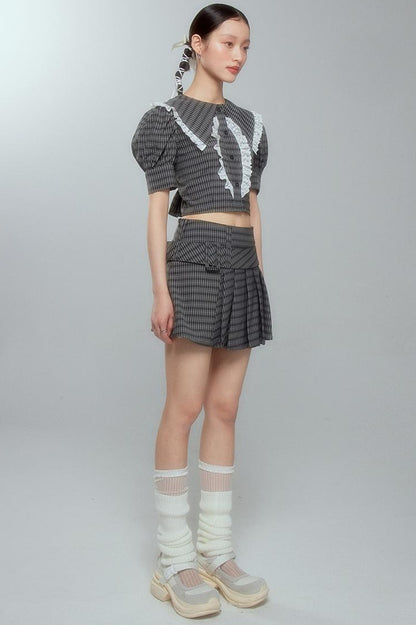 DIDDI MODA Sweet Tart Plaid Set Puff Sleeve Top Pleated Skirt