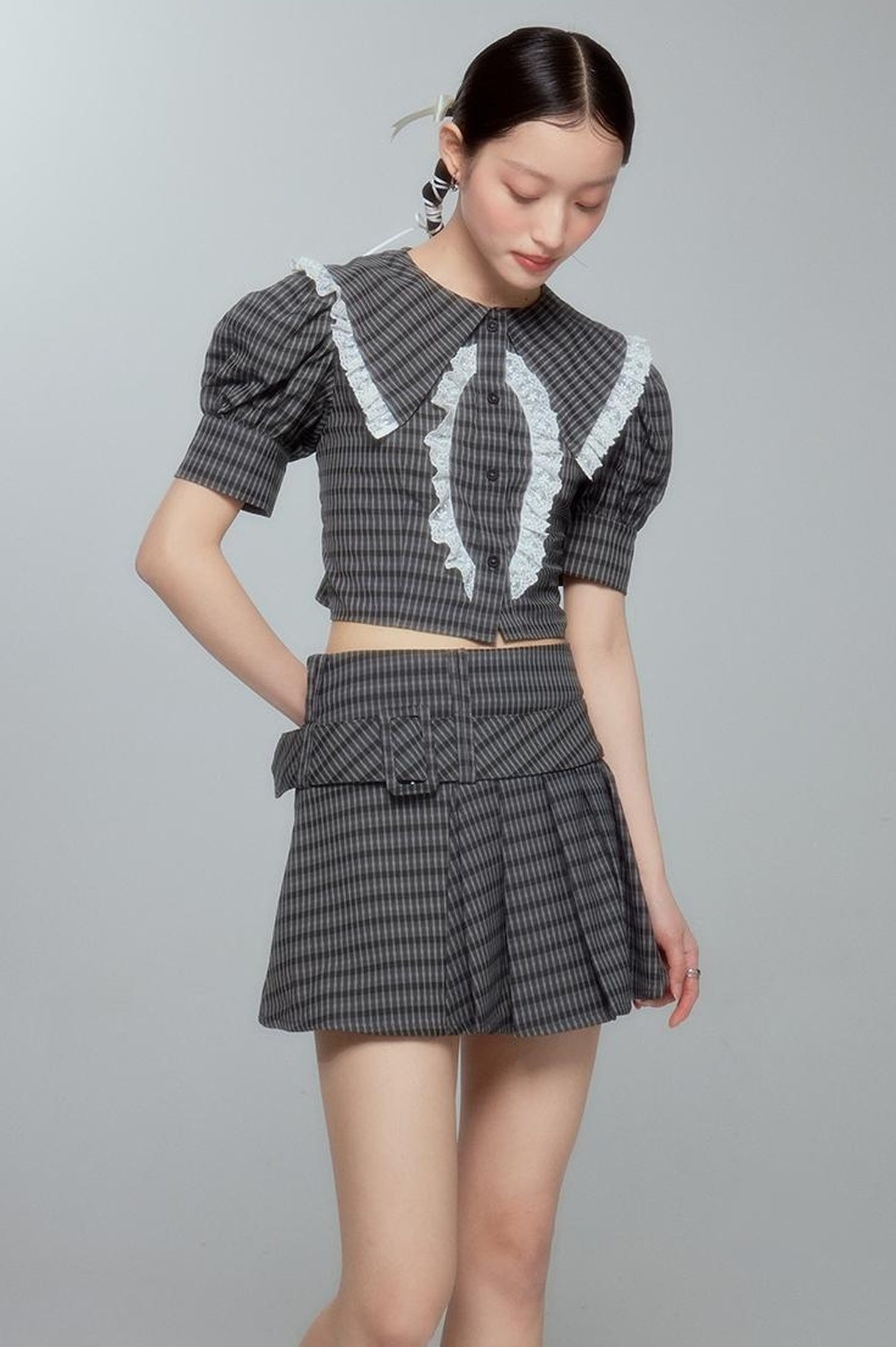 DIDDI MODA Sweet Tart Plaid Set Puff Sleeve Top Pleated Skirt