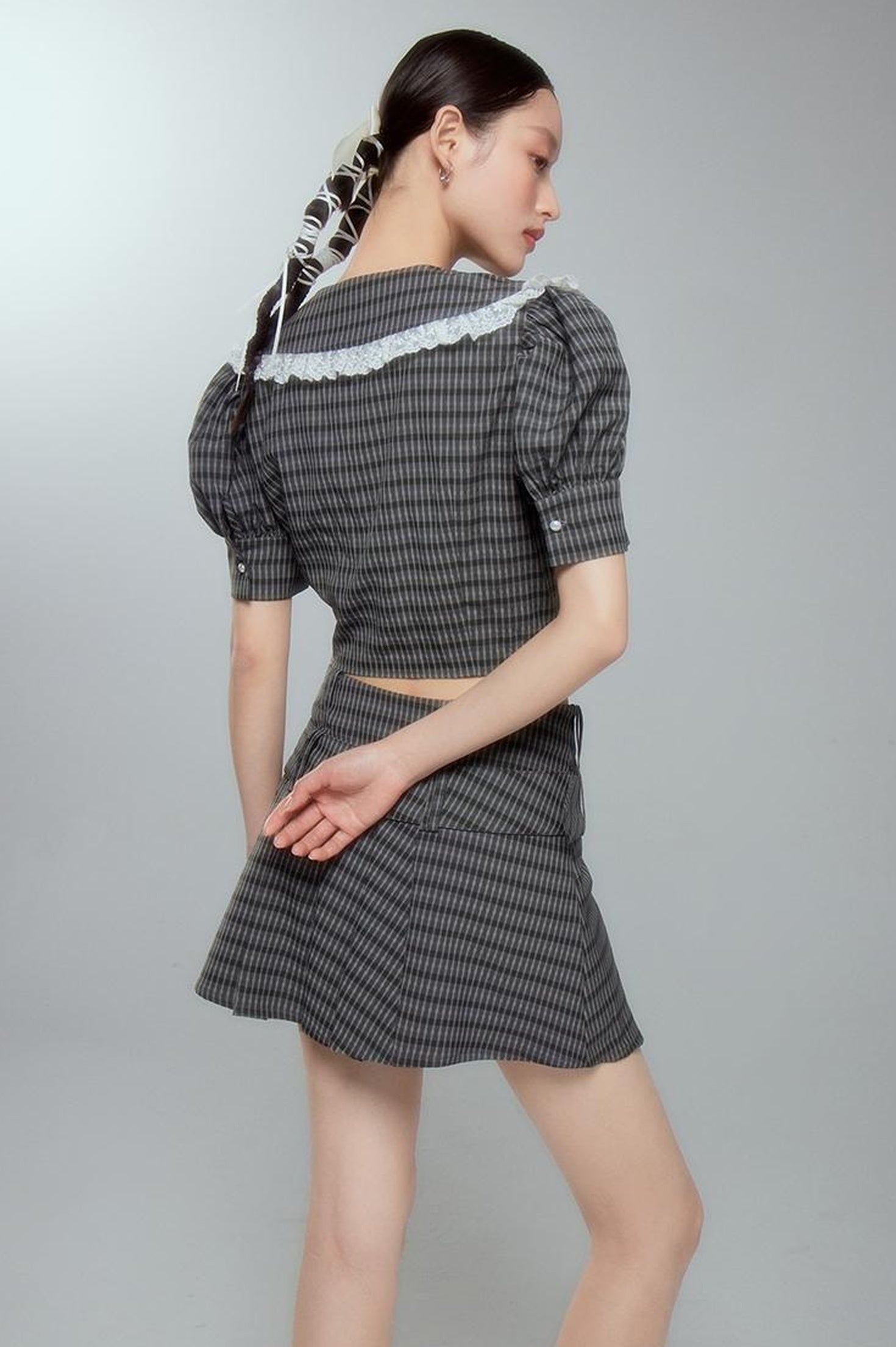 DIDDI MODA Sweet Tart Plaid Set Puff Sleeve Top Pleated Skirt