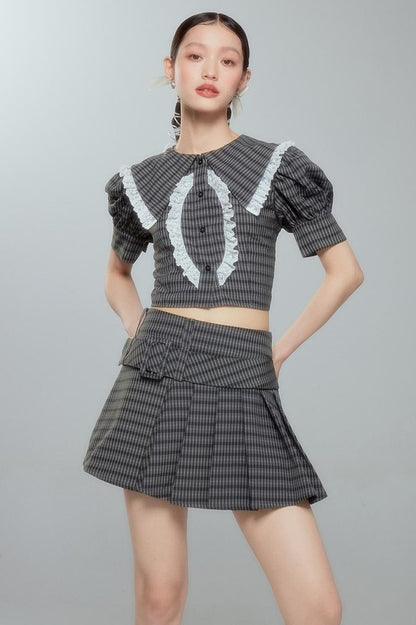 DIDDI MODA Sweet Tart Plaid Set Puff Sleeve Top Pleated Skirt
