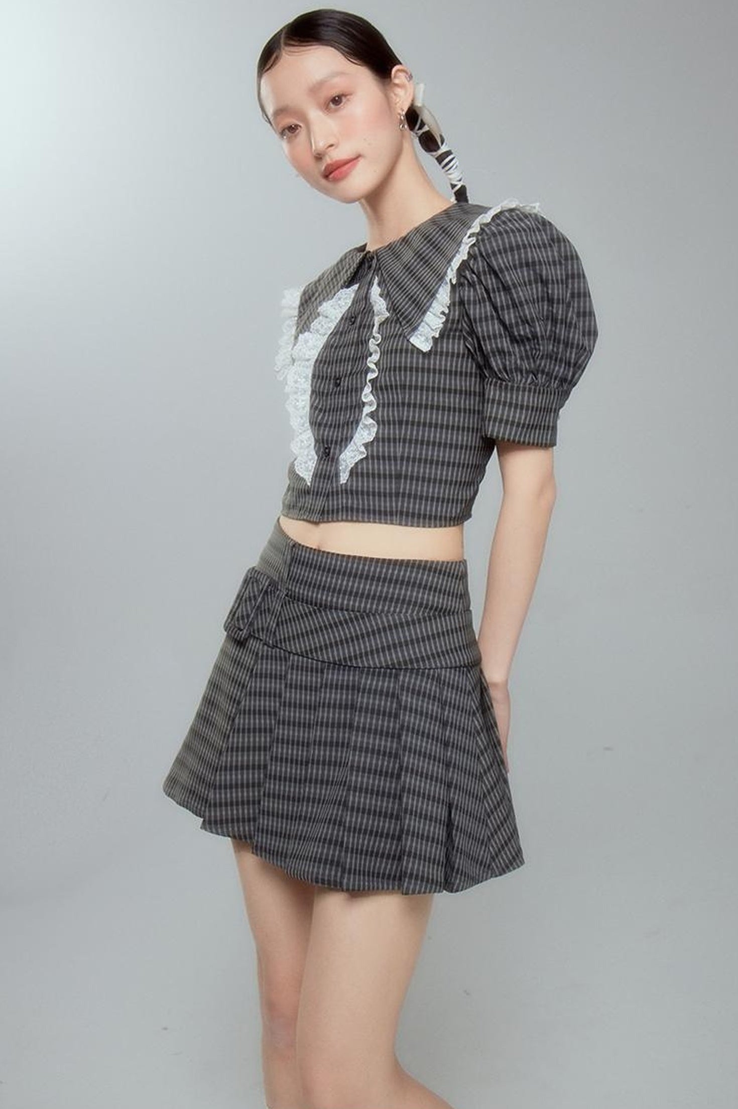DIDDI MODA Sweet Tart Plaid Set Puff Sleeve Top Pleated Skirt