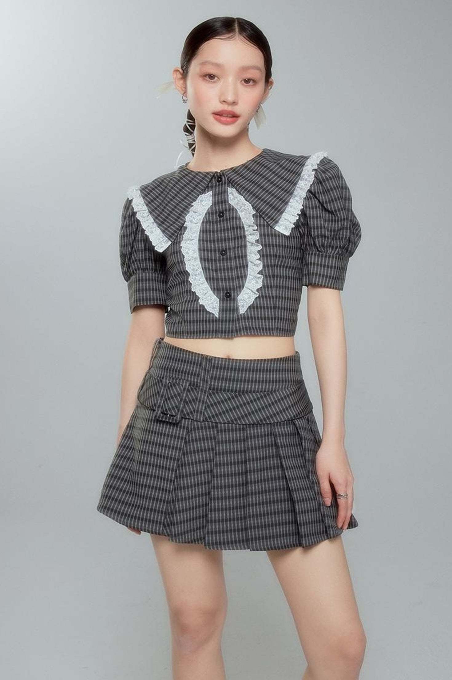 DIDDI MODA Sweet Tart Plaid Set Puff Sleeve Top Pleated Skirt