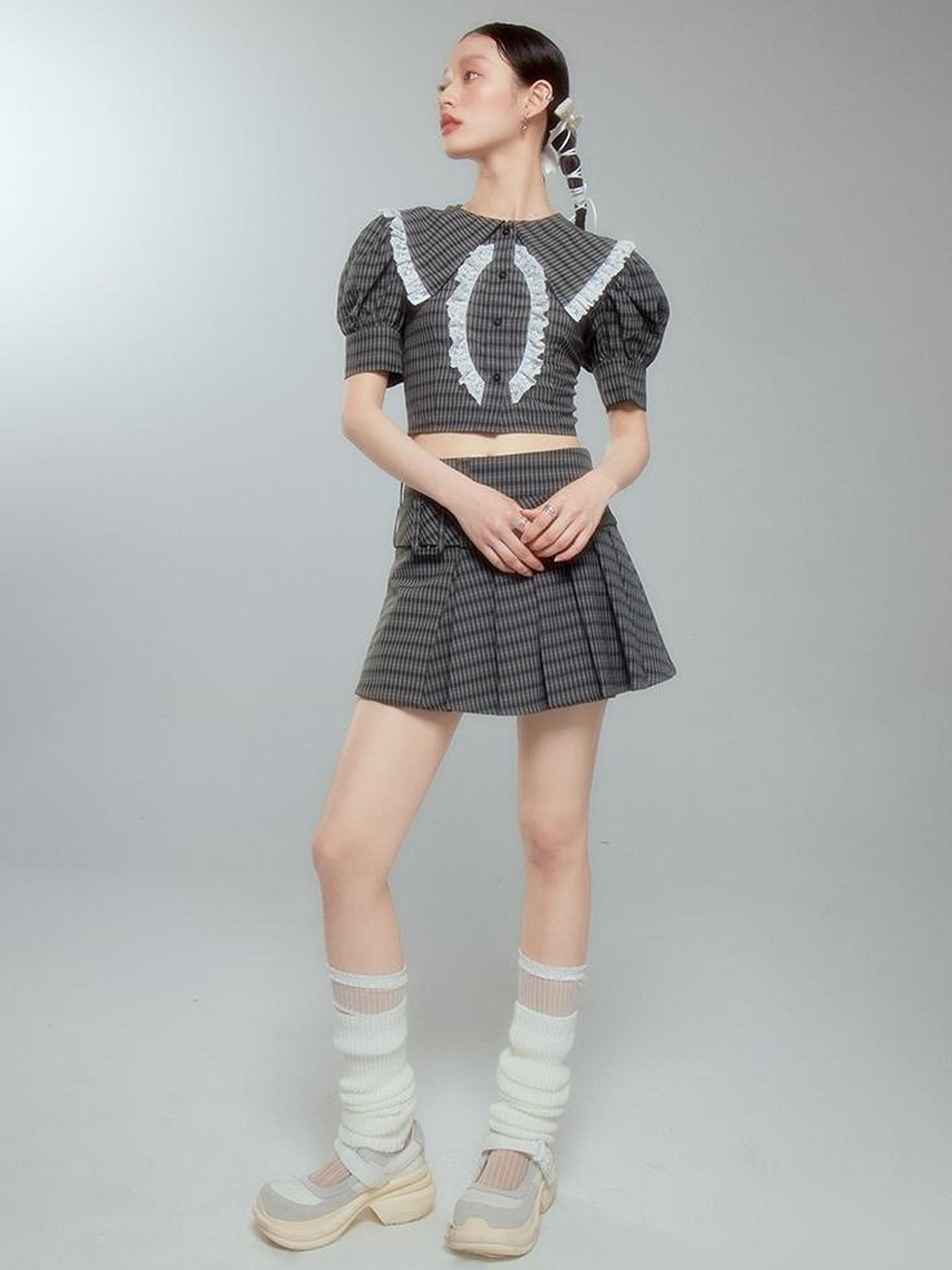 DIDDI MODA Sweet Tart Plaid Set Puff Sleeve Top Pleated Skirt