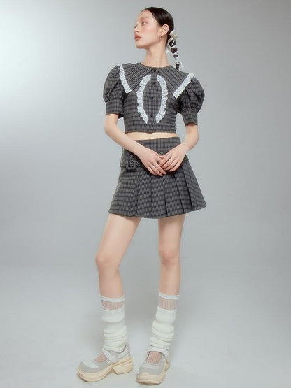 DIDDI MODA Sweet Tart Plaid Set Puff Sleeve Top Pleated Skirt
