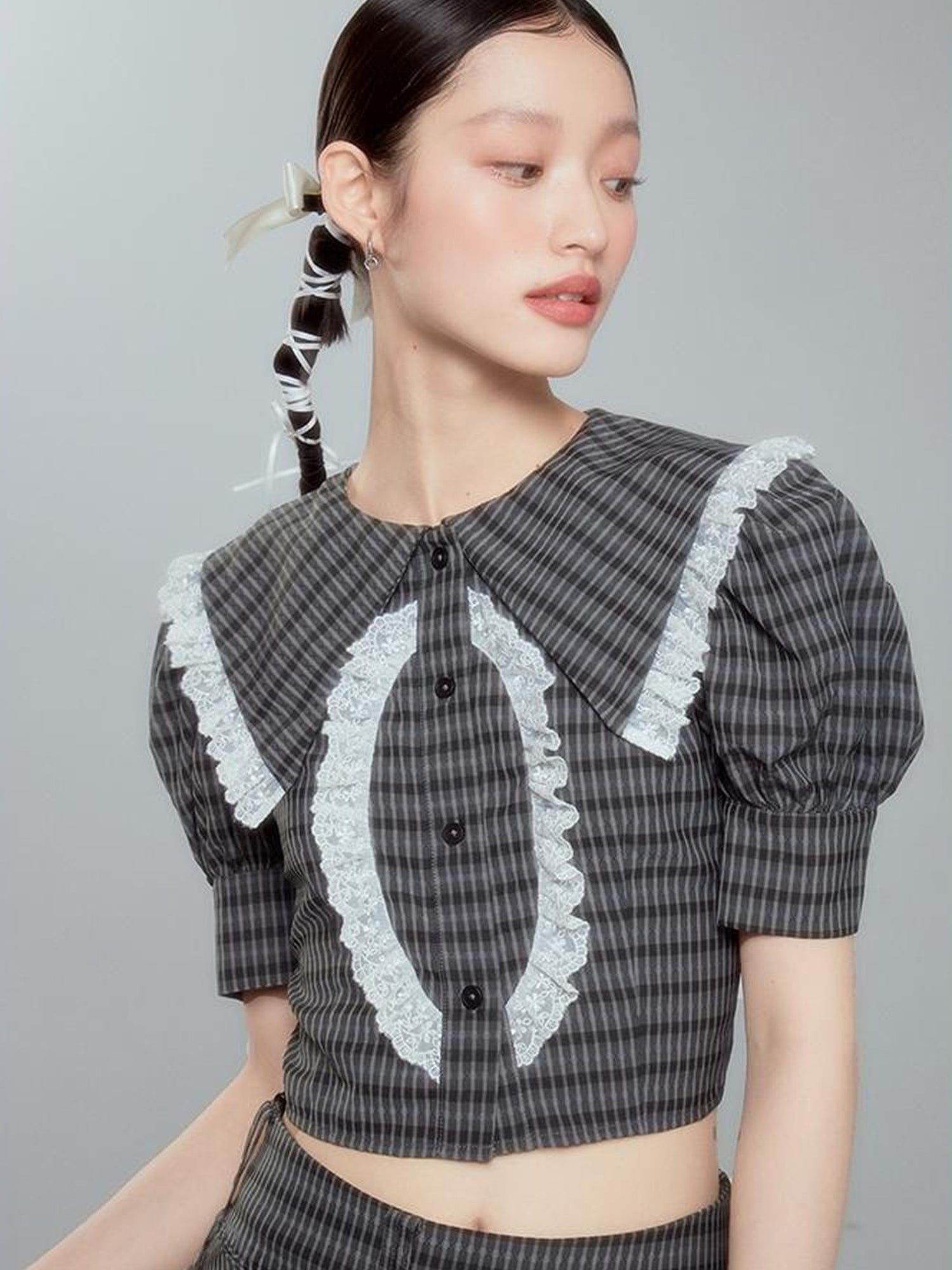 DIDDI MODA Sweet Tart Plaid Set Puff Sleeve Top Pleated Skirt