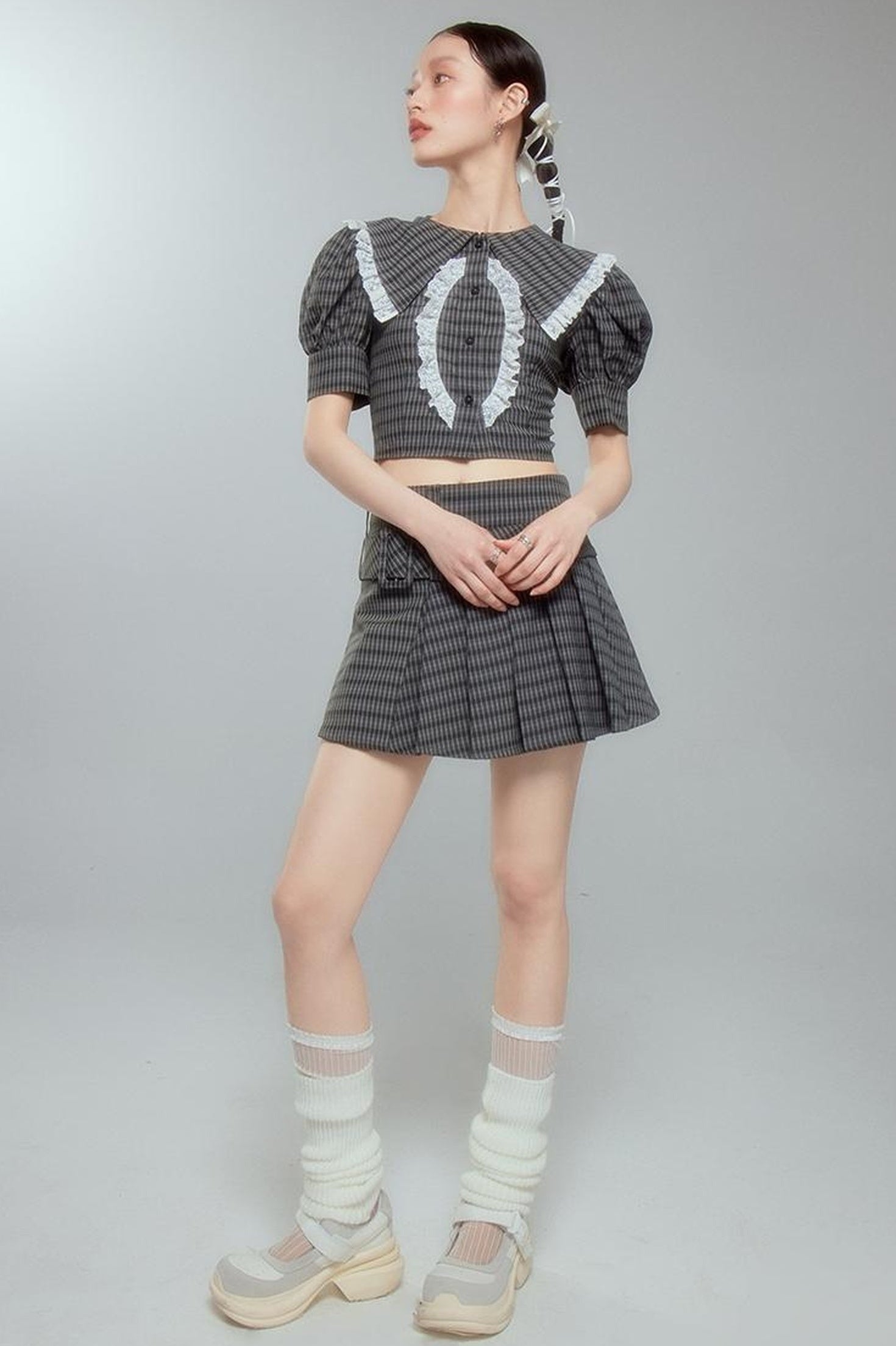 DIDDI MODA Sweet Tart Plaid Set Puff Sleeve Top Pleated Skirt
