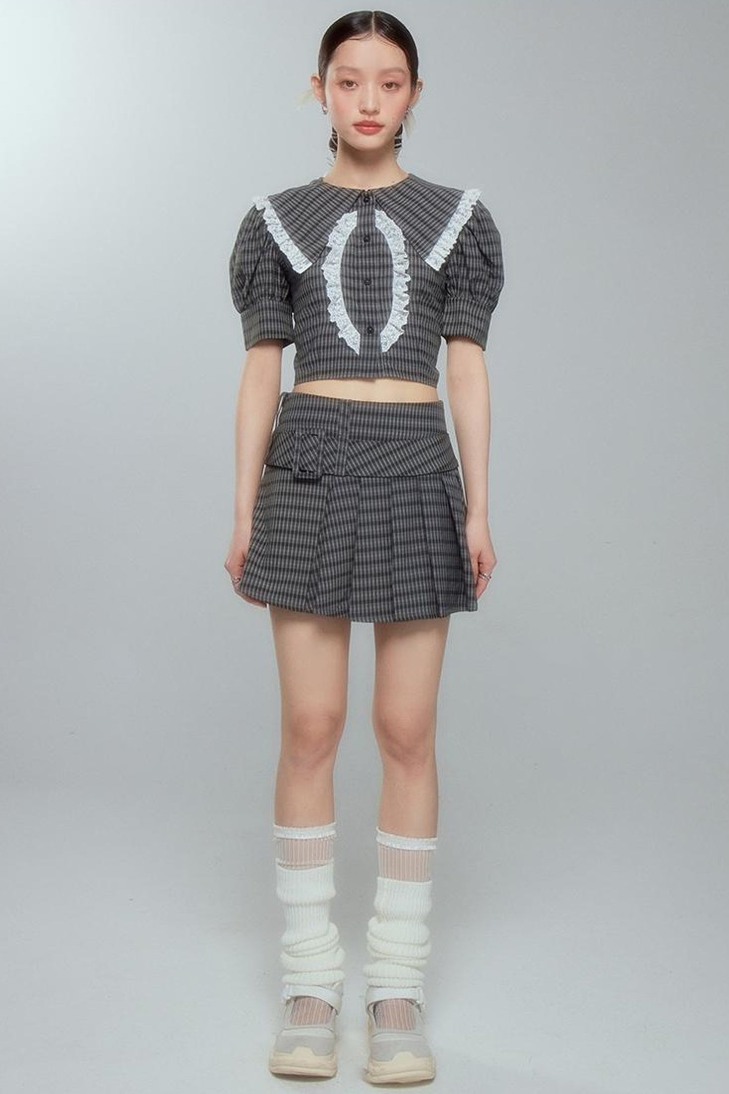 DIDDI MODA Sweet Tart Plaid Set Puff Sleeve Top Pleated Skirt
