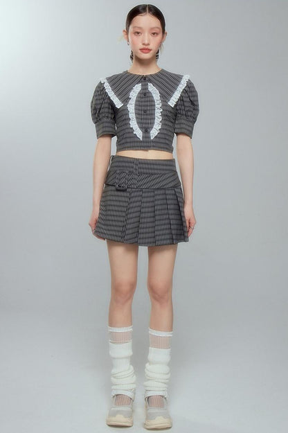 DIDDI MODA Sweet Tart Plaid Set Puff Sleeve Top Pleated Skirt