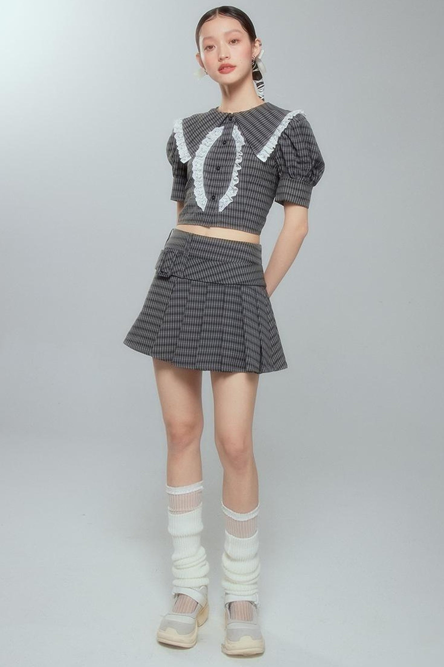 DIDDI MODA Sweet Tart Plaid Set Puff Sleeve Top Pleated Skirt