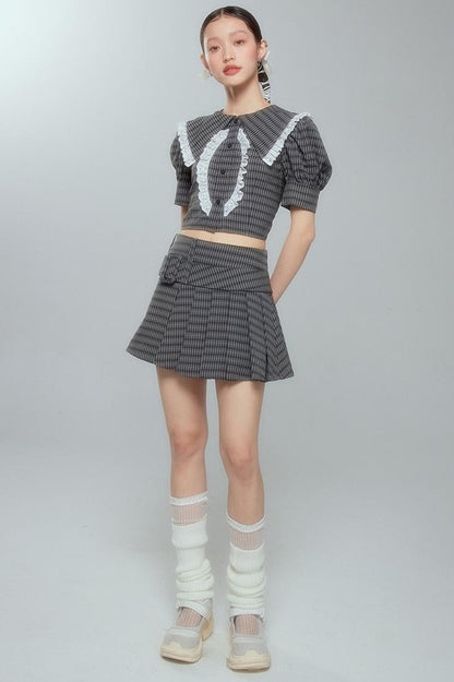 DIDDI MODA Sweet Tart Plaid Set Puff Sleeve Top Pleated Skirt