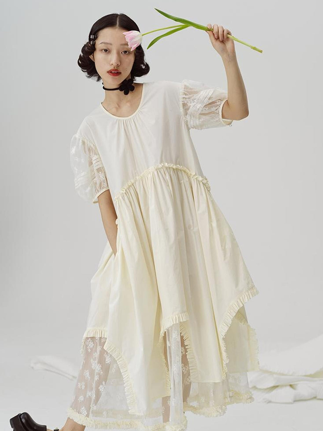 DIDDI MODA Sweetheart Lace Hem Shirt Dress