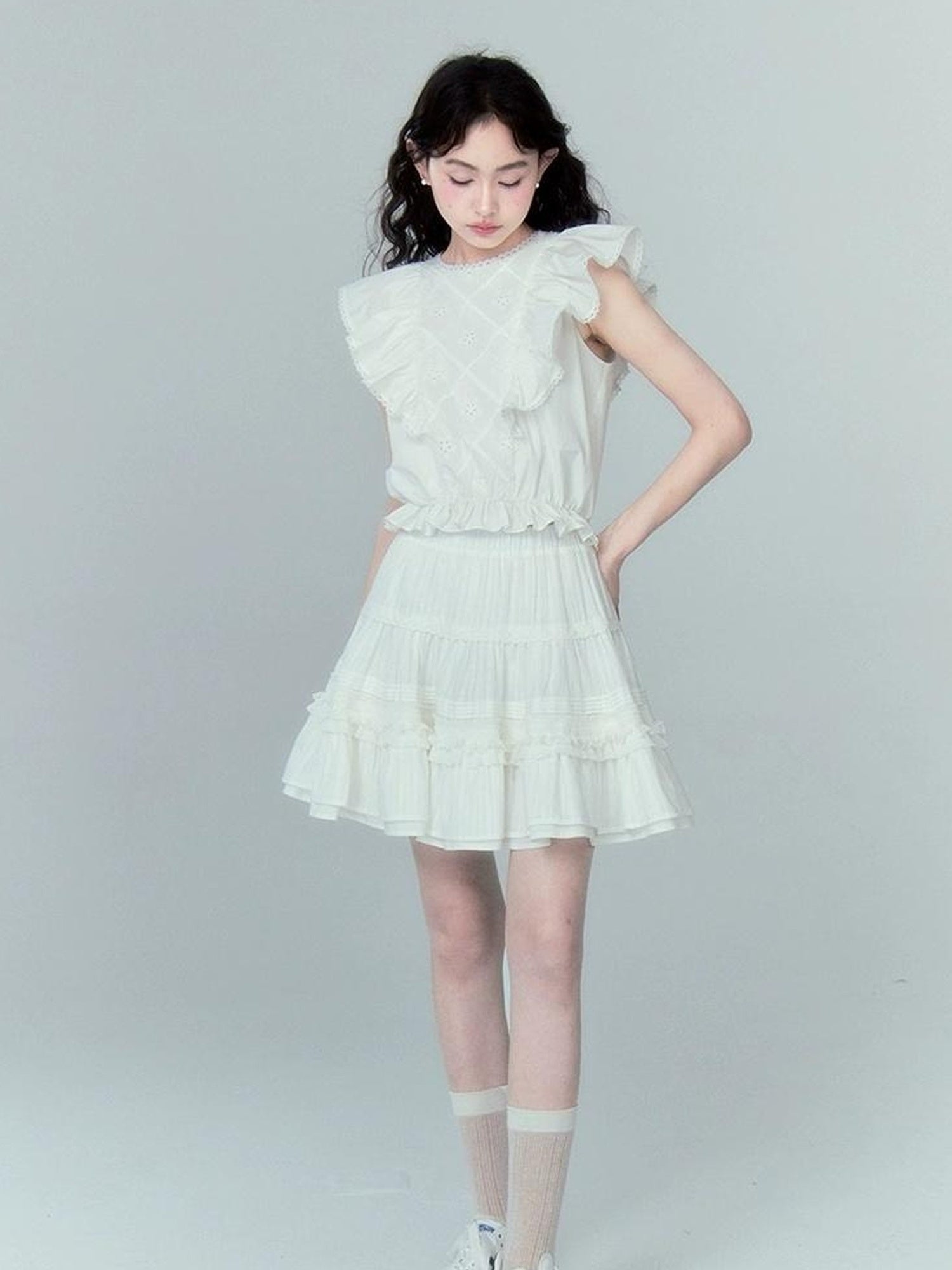 DIDDI MODA Sweetheart Ruffle Sleeve Cotton Top