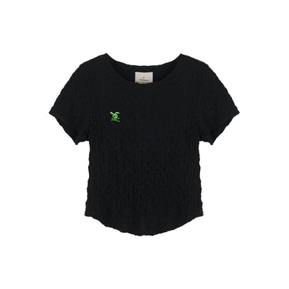 Achihara Summer Black Cropped Bubble Sleeve T-shirt Round Neck Top