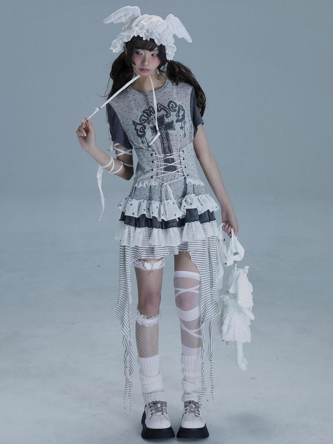 WSW WUSHENWU Tear Garden Asymmetrical Lace Tee Dress