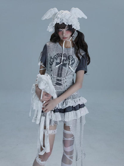 WSW WUSHENWU Tear Garden Asymmetrical Lace Tee Dress