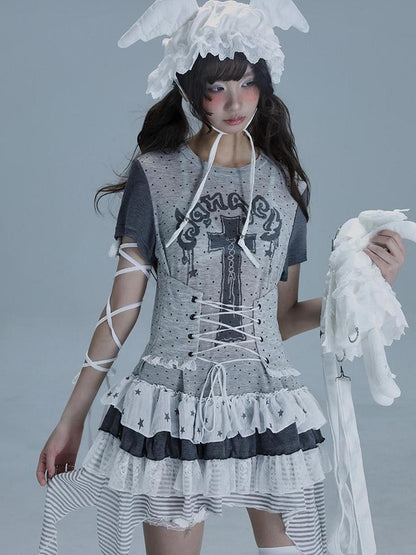 WSW WUSHENWU Tear Garden Asymmetrical Lace Tee Dress