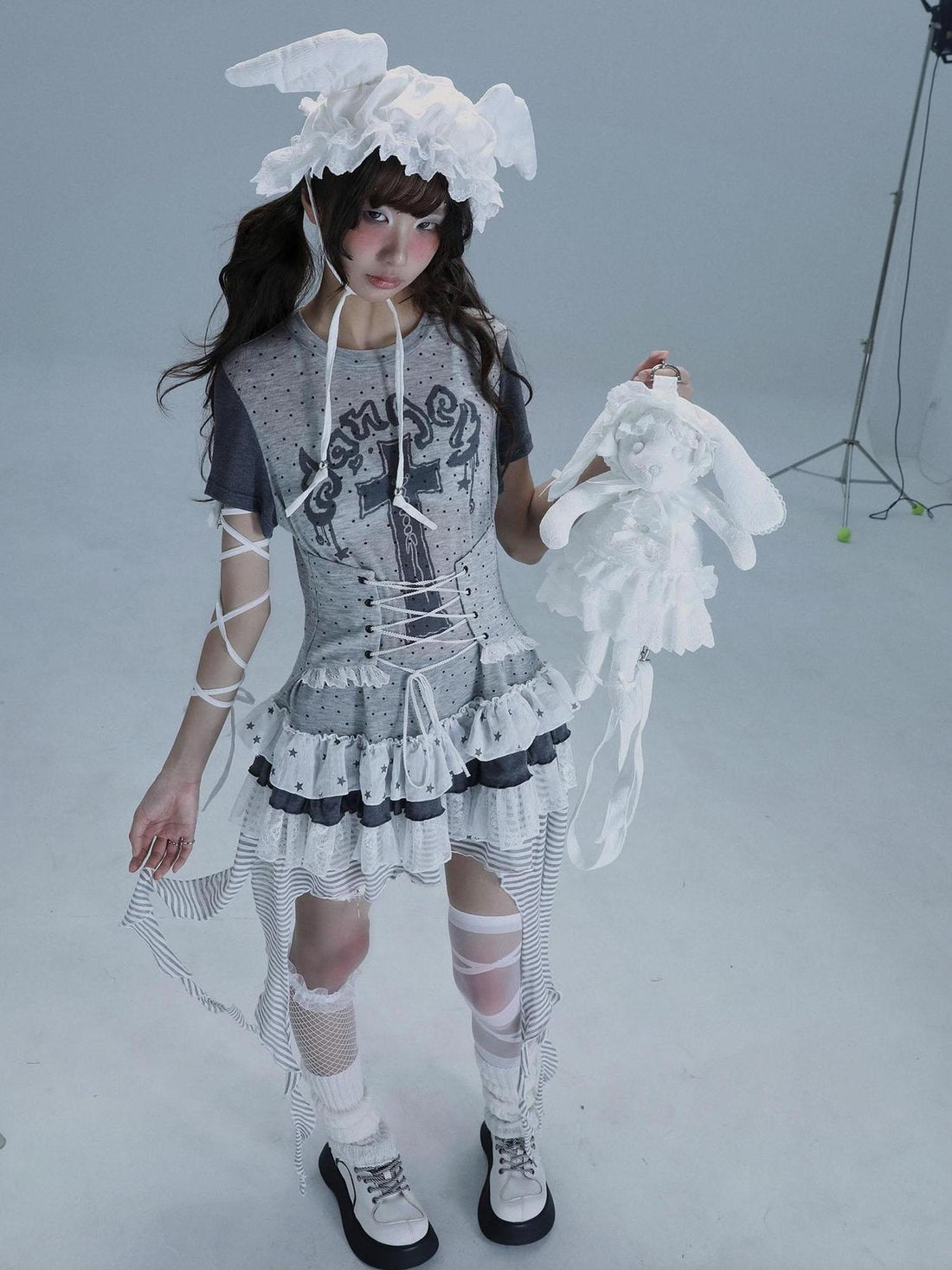 WSW WUSHENWU Tear Garden Asymmetrical Lace Tee Dress