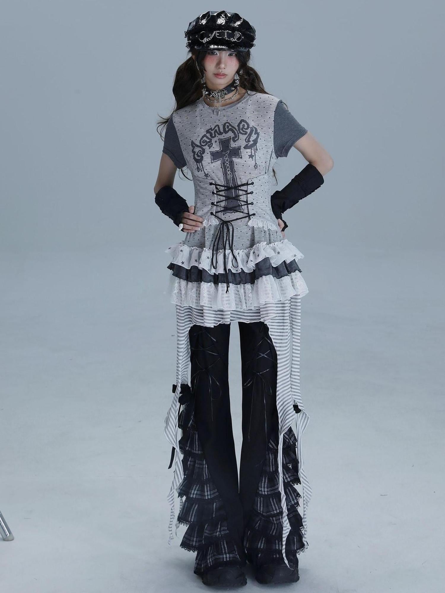 WSW WUSHENWU Tear Garden Asymmetrical Lace Tee Dress