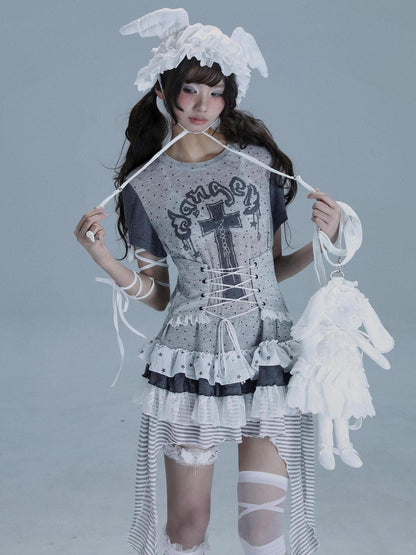 WSW WUSHENWU Tear Garden Asymmetrical Lace Tee Dress